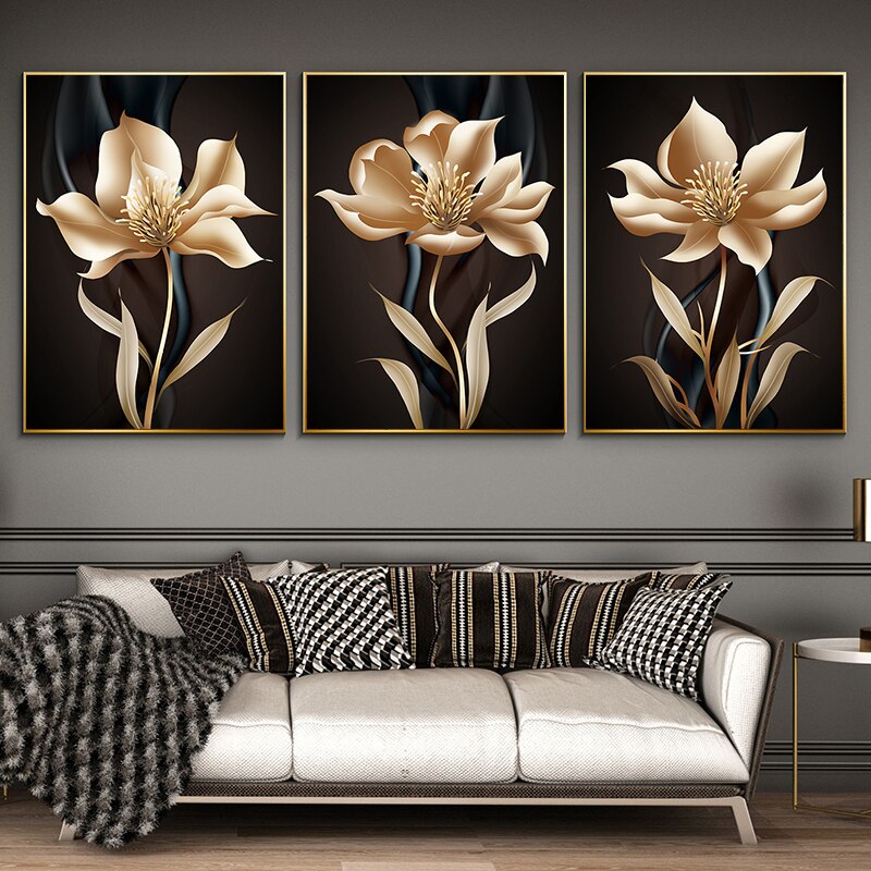 Golden Black Flower Poster Prints Light Luxury Abstract Art Modern ...